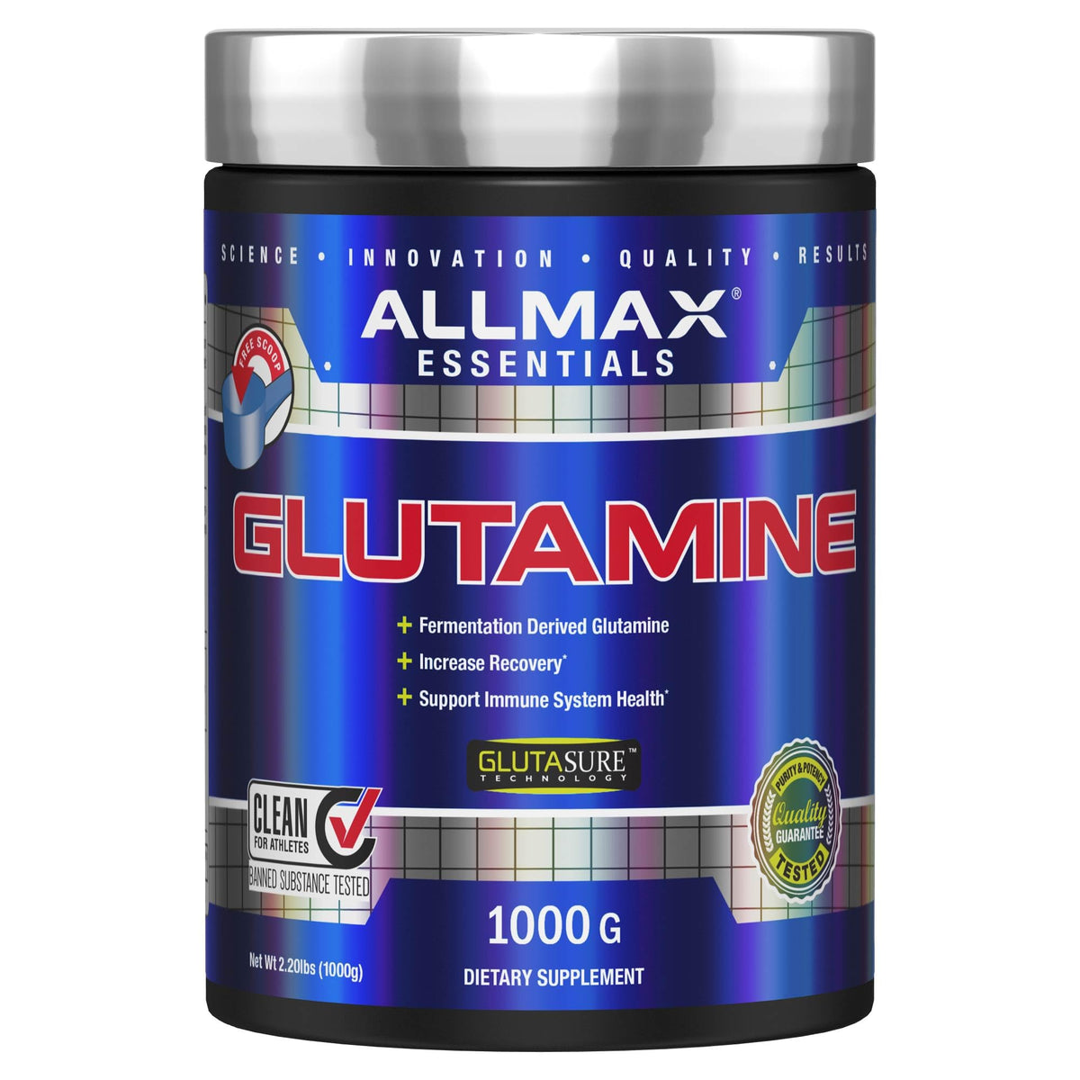 AllMAX L-Glutamine powder bottle for post-workout recovery and daily support