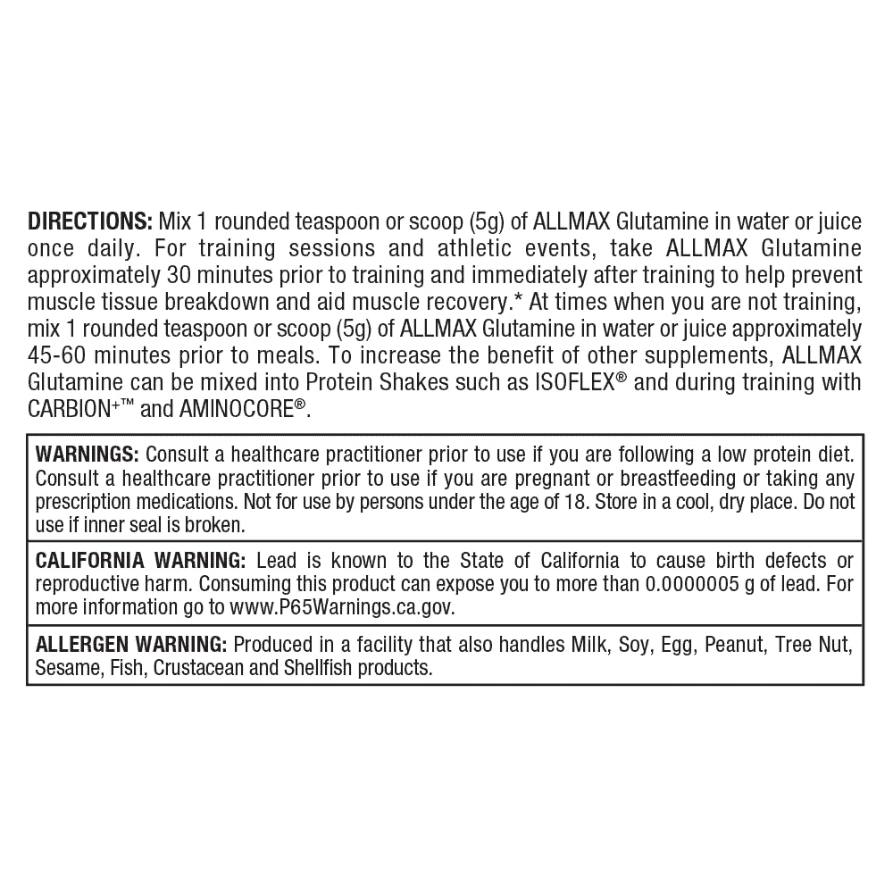AllMAX L-Glutamine cGMP facility badge suggests quality manufacturing standards