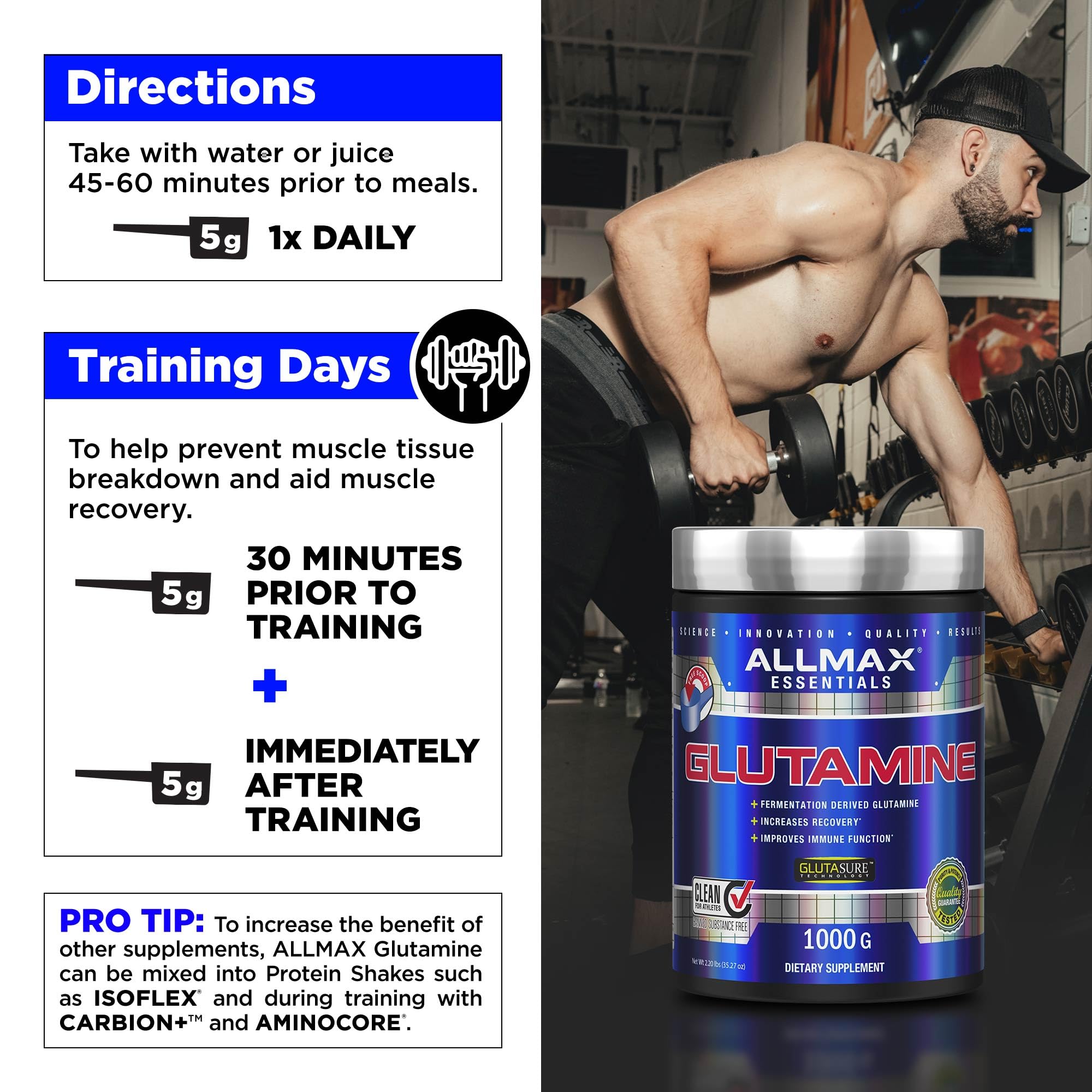 AllMAX L-Glutamine powder in shaker demonstrates quick, smooth mixing
