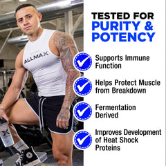 AllMAX L-Glutamine powder label shows gluten-free vegan status and clean ingredients