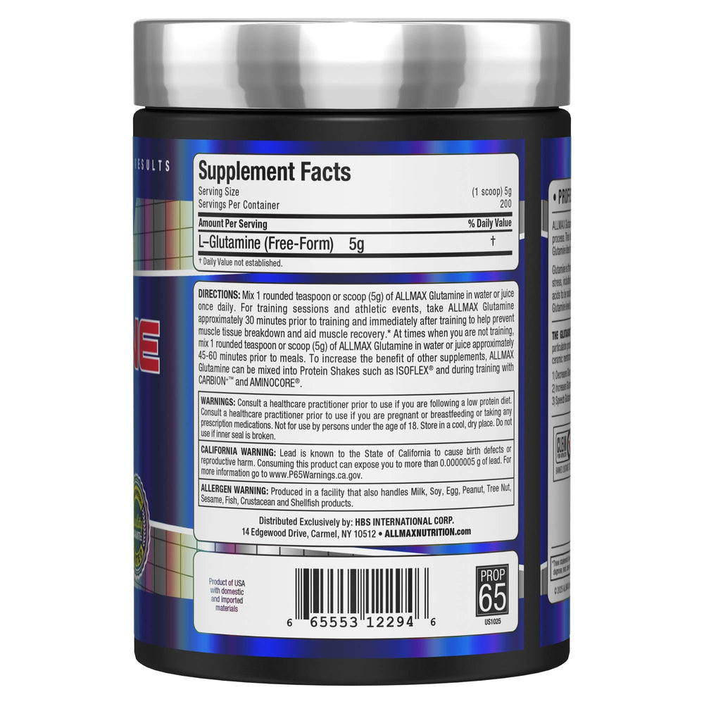 AllMAX L-Glutamine powder pour highlights fine texture and easy mixability