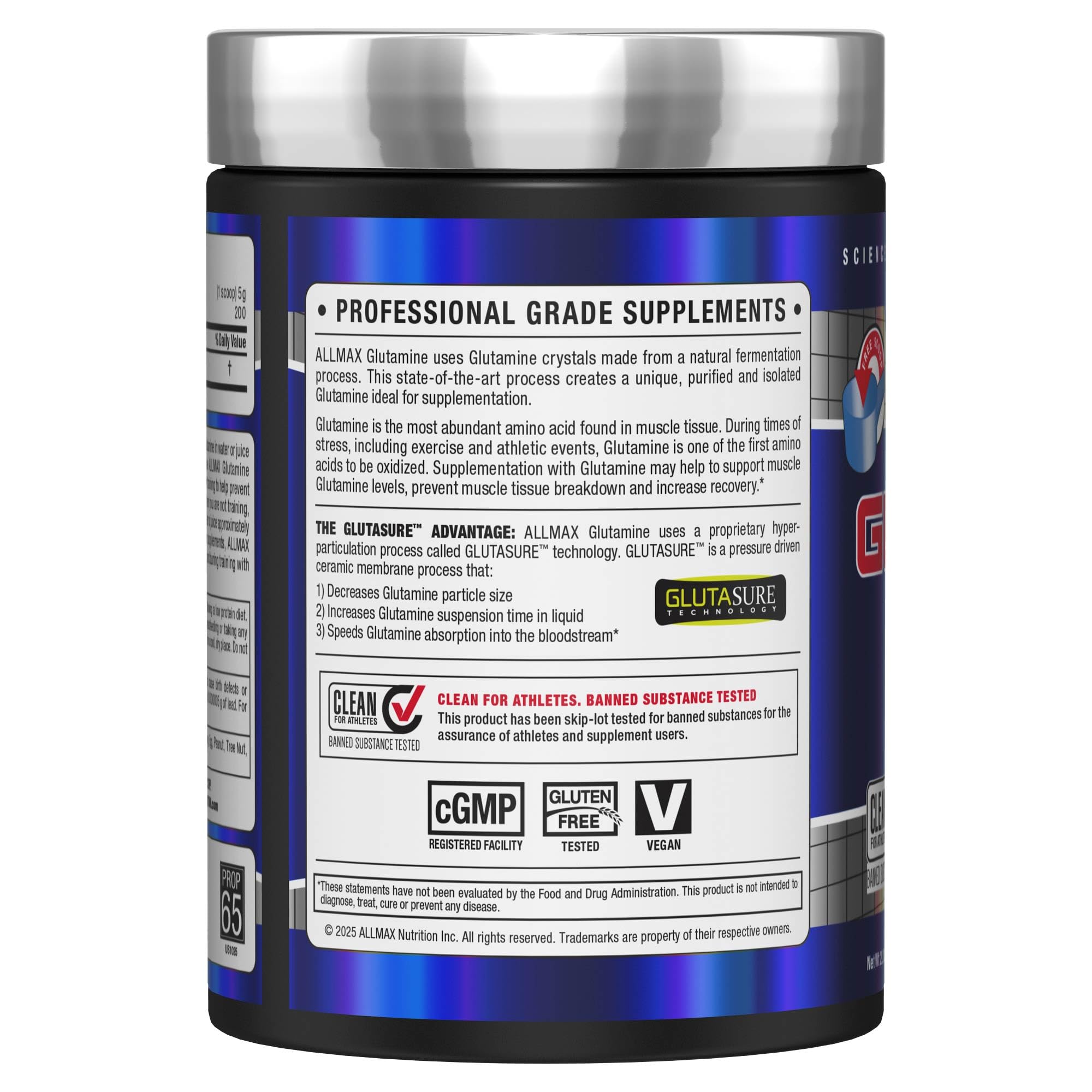 AllMAX L-Glutamine powder scoop showing precise dosing after training