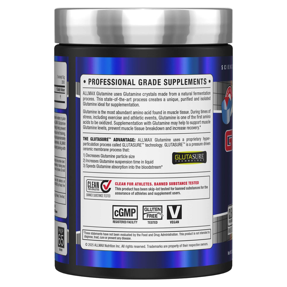 AllMAX L-Glutamine powder scoop showing precise dosing after training