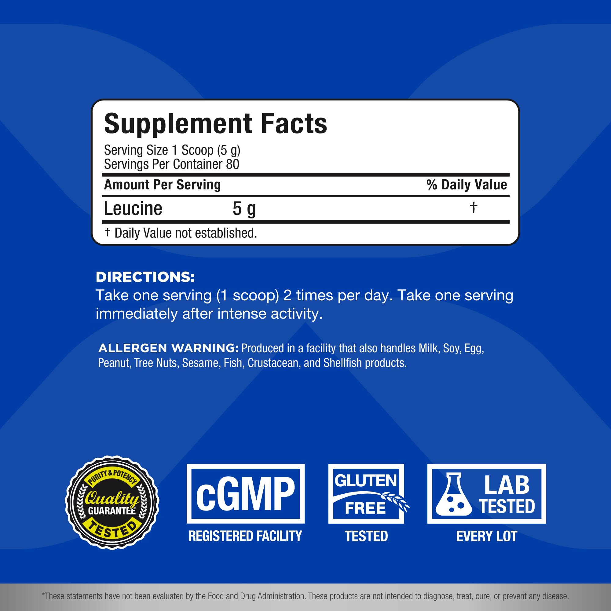 ALLMAX Leucine powder close-up emphasizing pure BCAA formula for muscle maintenance