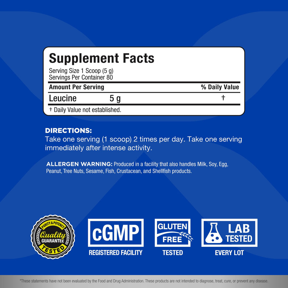ALLMAX Leucine powder close-up emphasizing pure BCAA formula for muscle maintenance