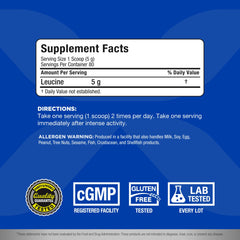 ALLMAX Leucine powder close-up emphasizing pure BCAA formula for muscle maintenance