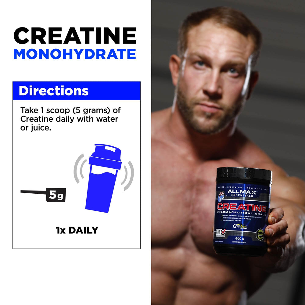 AllMax Nutrition Creatine Monohydrate label highlights purity and cGMP standards.
