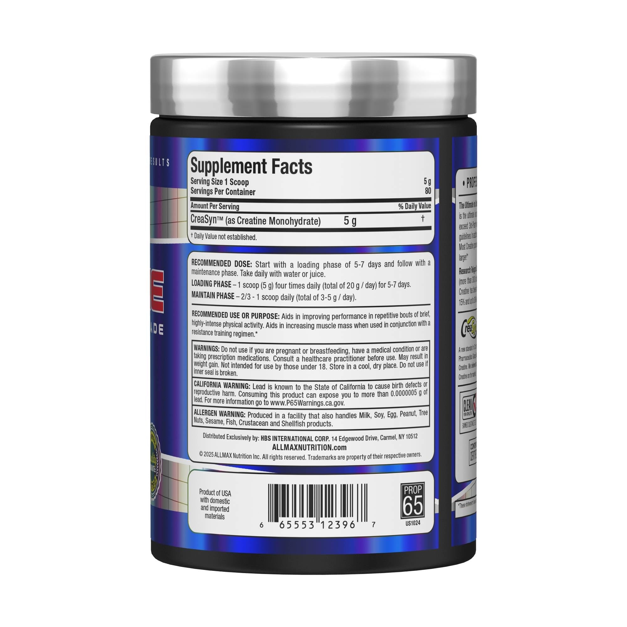 AllMax Nutrition Creatine Monohydrate powder jar for vegan gluten-free athletes.