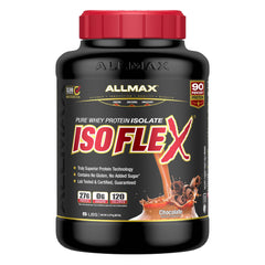 Allmax Nutrition Isoflex chocolate 5lb tub showing pure whey isolate for clean protein
