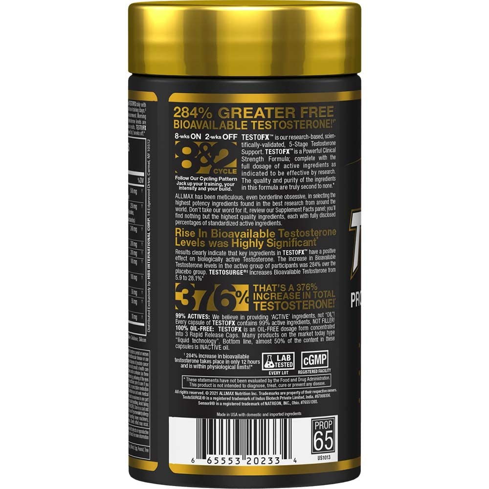 ALLMAX TestOFX label close-up showing Tribulus and Ashwagandha ingredients.