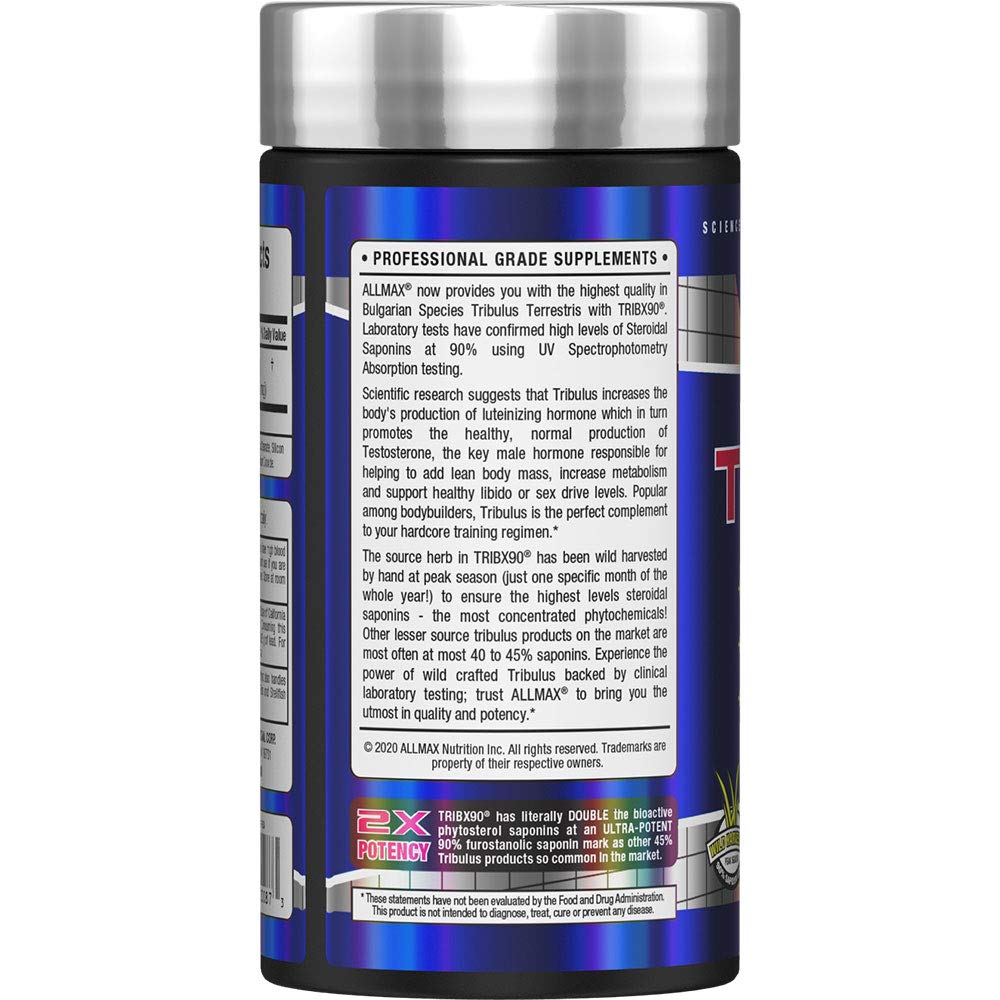 ALLMAX TRIBX90 label close-up shows 90% furostanolic saponins.
