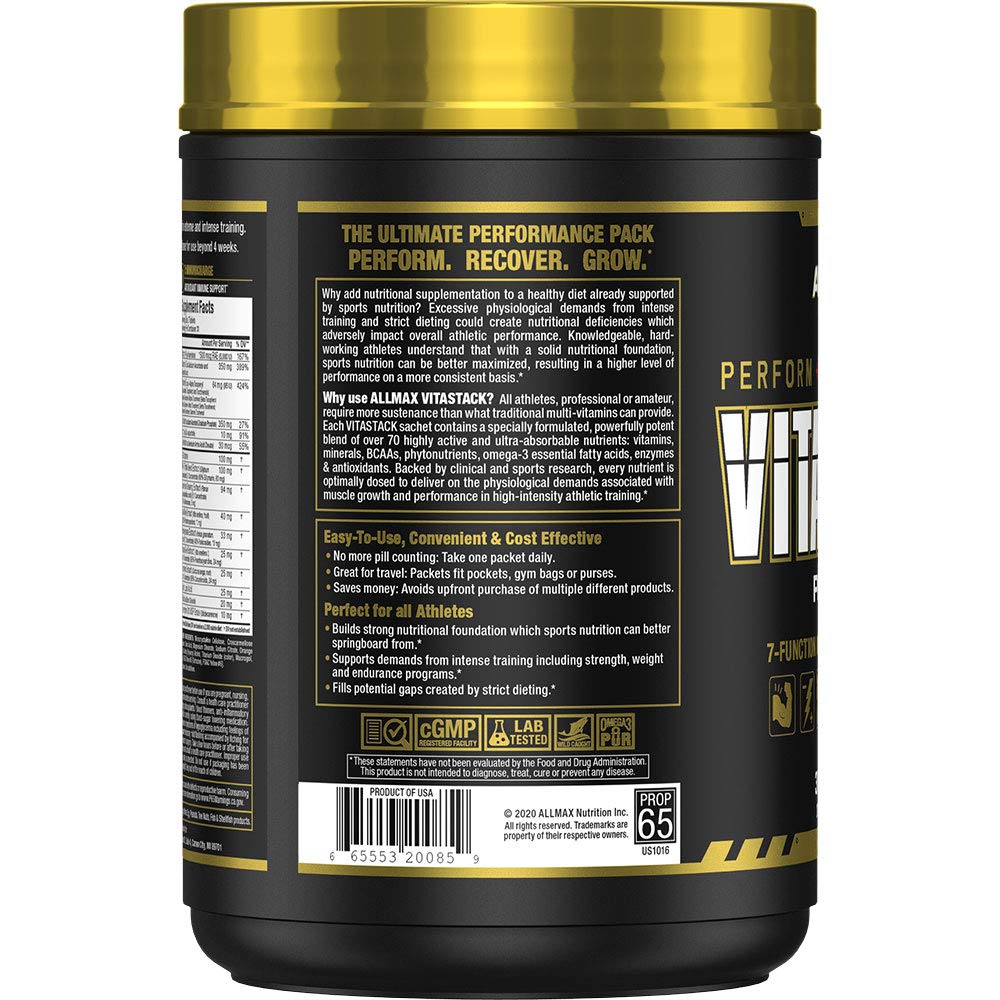 AllMax Vitastack bottle beside multi-pack indicating convenient daily routine.