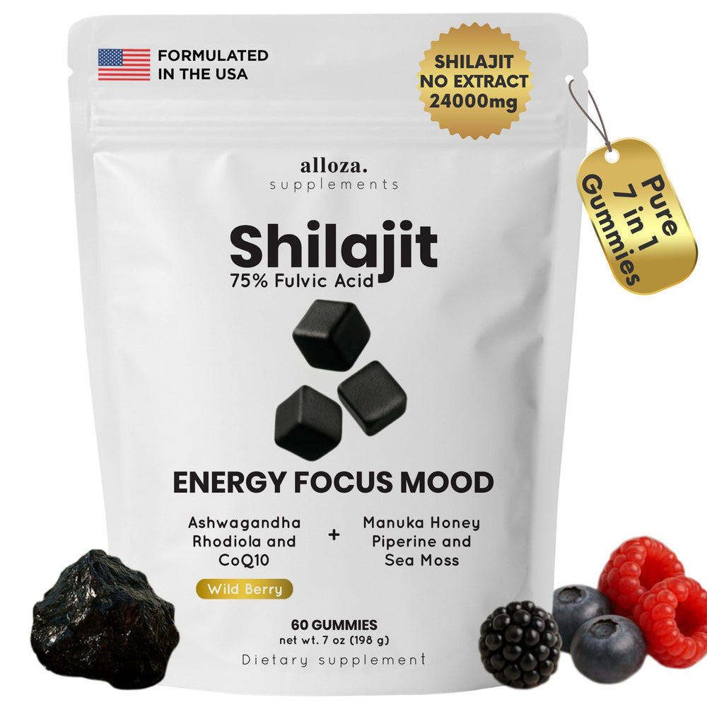 ALLOZA Himalayan Shilajit Gummies bottle showing a sugar-free, energy-supporting routine.