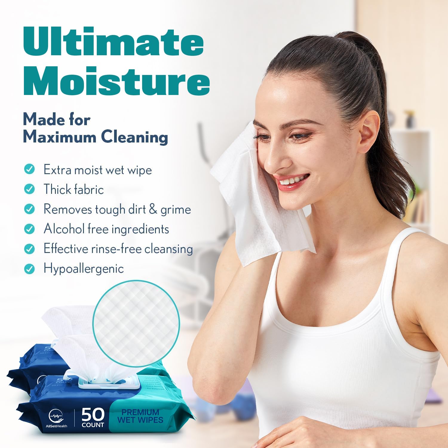 AllSett Health latex-free disposable washcloths for safe, portable cleaning.
