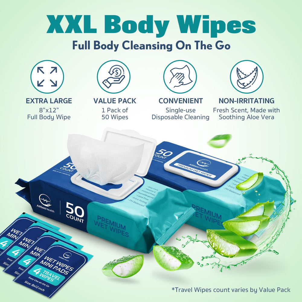 AllSett Health no-rinse adult wipes ideal for on-the-go cleansing.