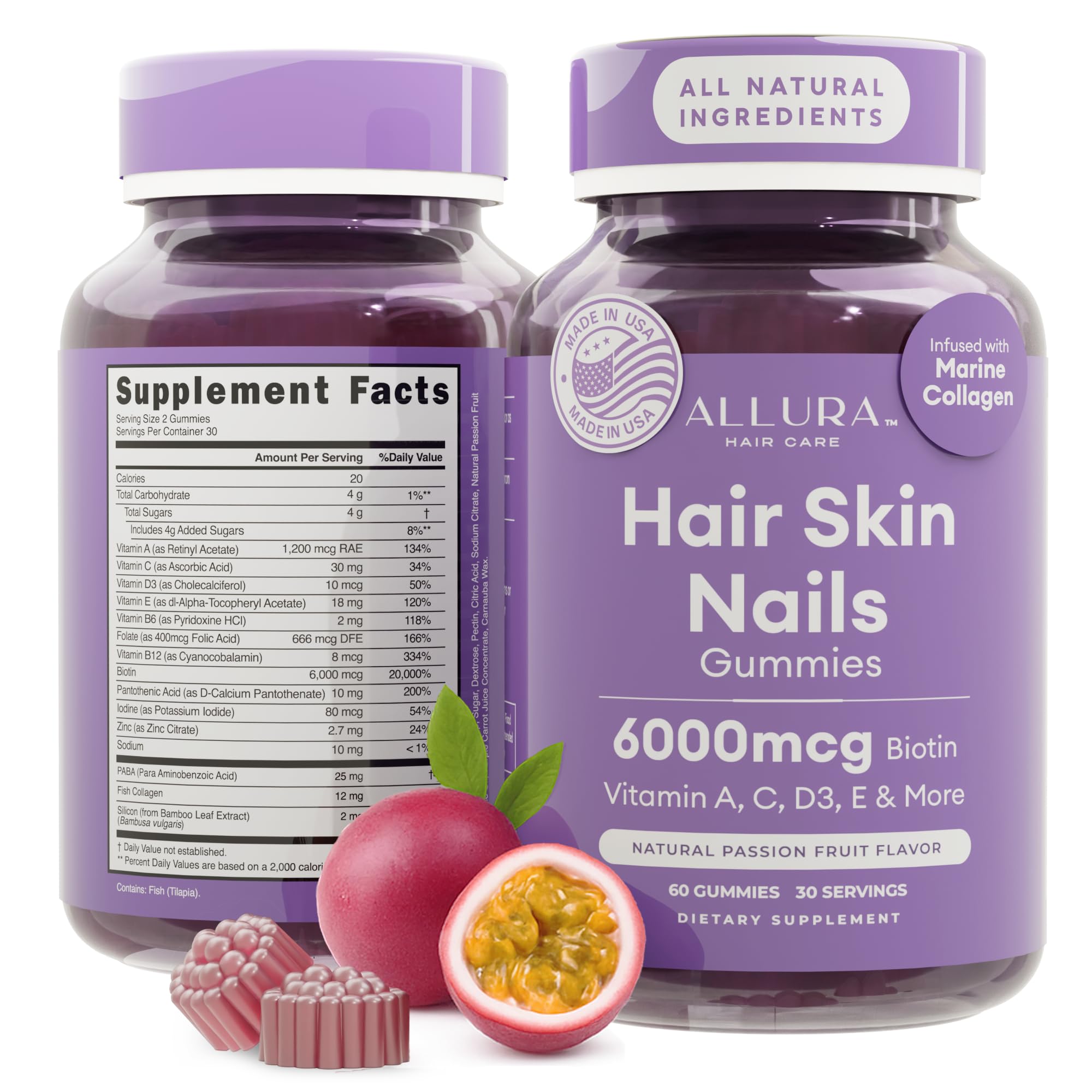 ALLURA HAIR bottle with gummies showing passion fruit flavor for daily beauty support