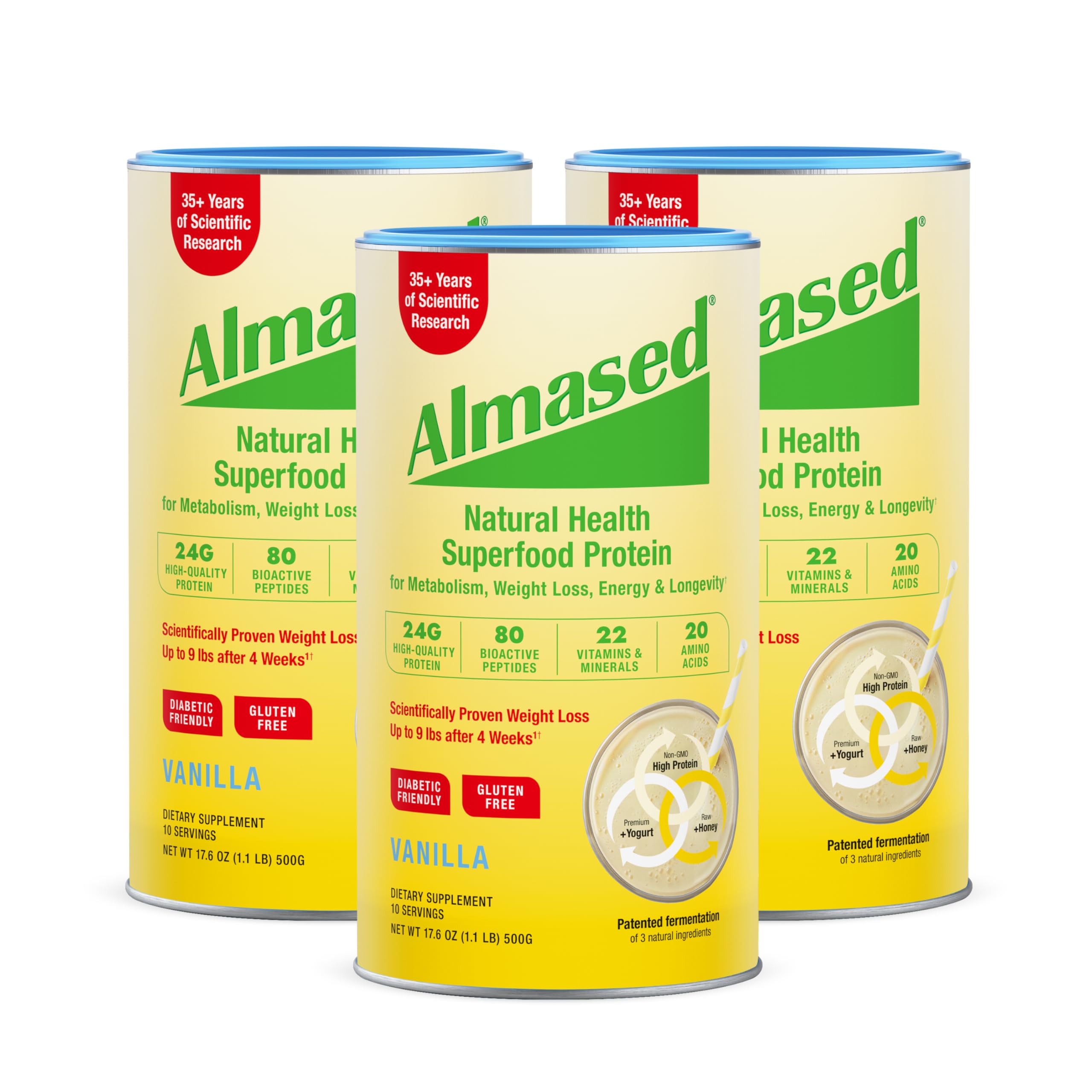 Almased Vanilla meal replacement shake bottle for busy mornings