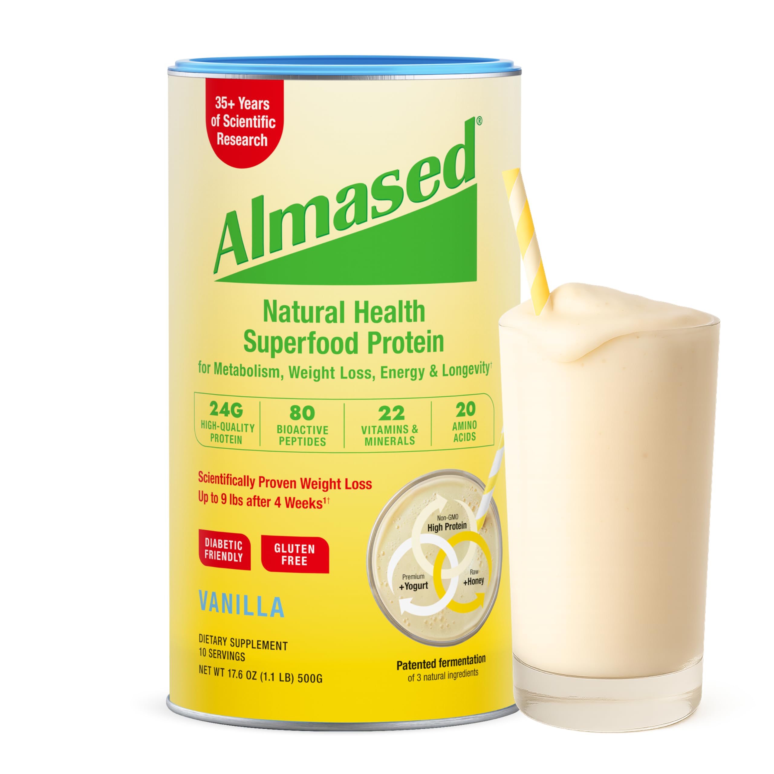Almased Vanilla Shake bottle on kitchen counter, high-protein meal replacement.