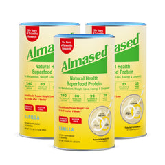 Almased Vanilla meal replacement shake bottle for busy mornings