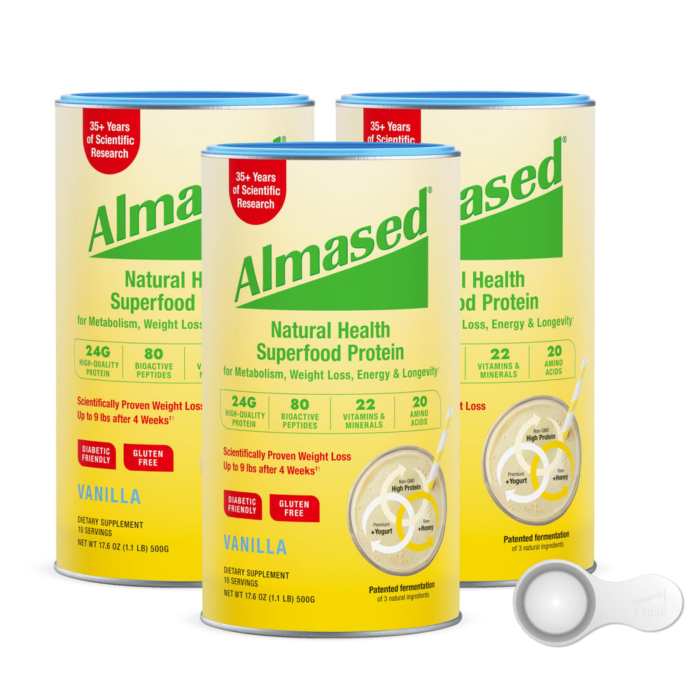 Almased weight loss kit cans group showing three cans for budget-friendly meal replacements
