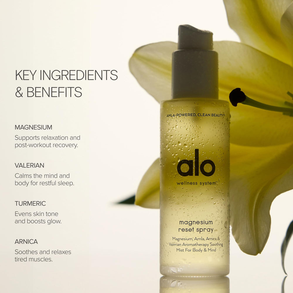 Alo Magnesium Reset spray applied to skin for quick calm during wind-down