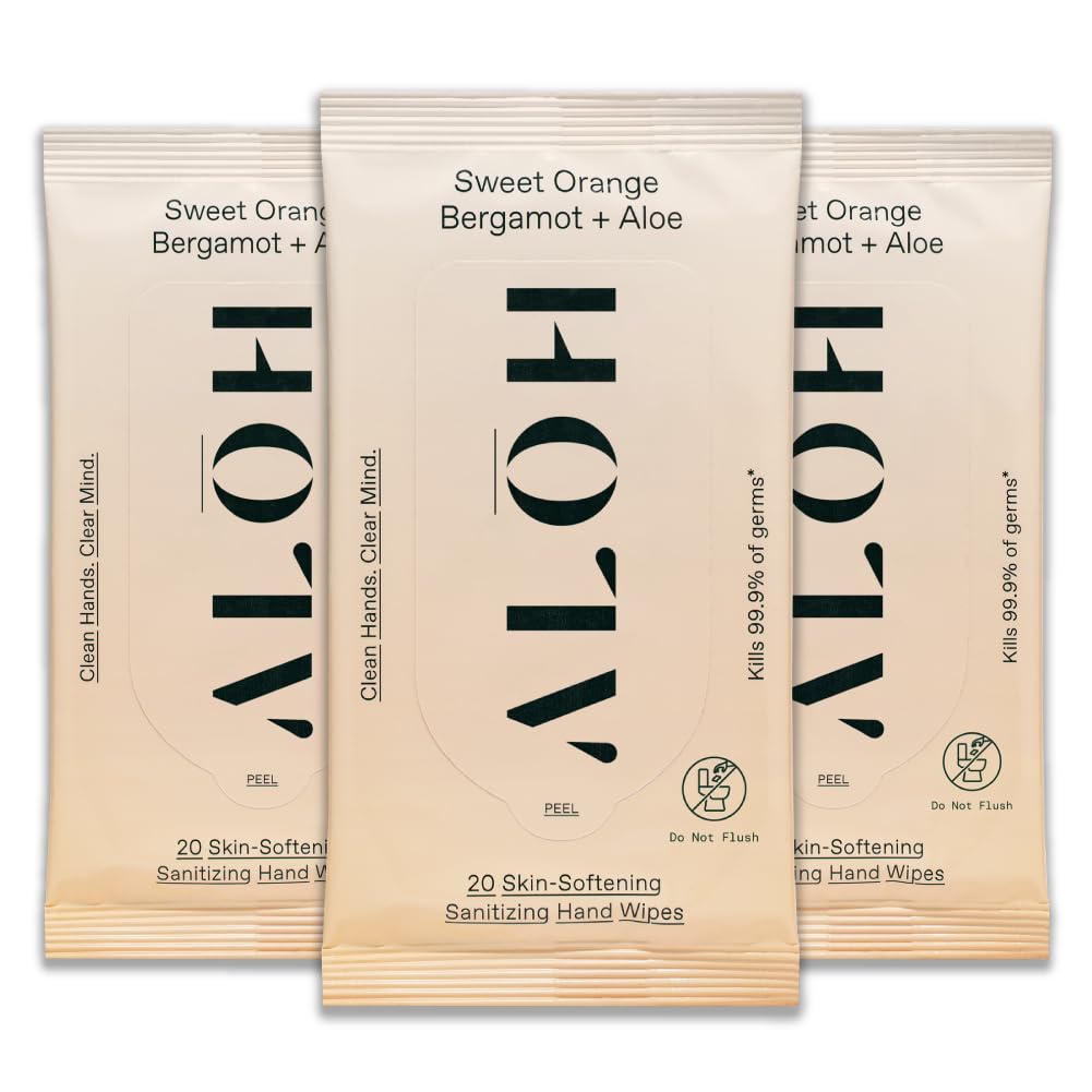ALO Sweet Orange Bergamot Aloe wipes front pack showing travel-size portability