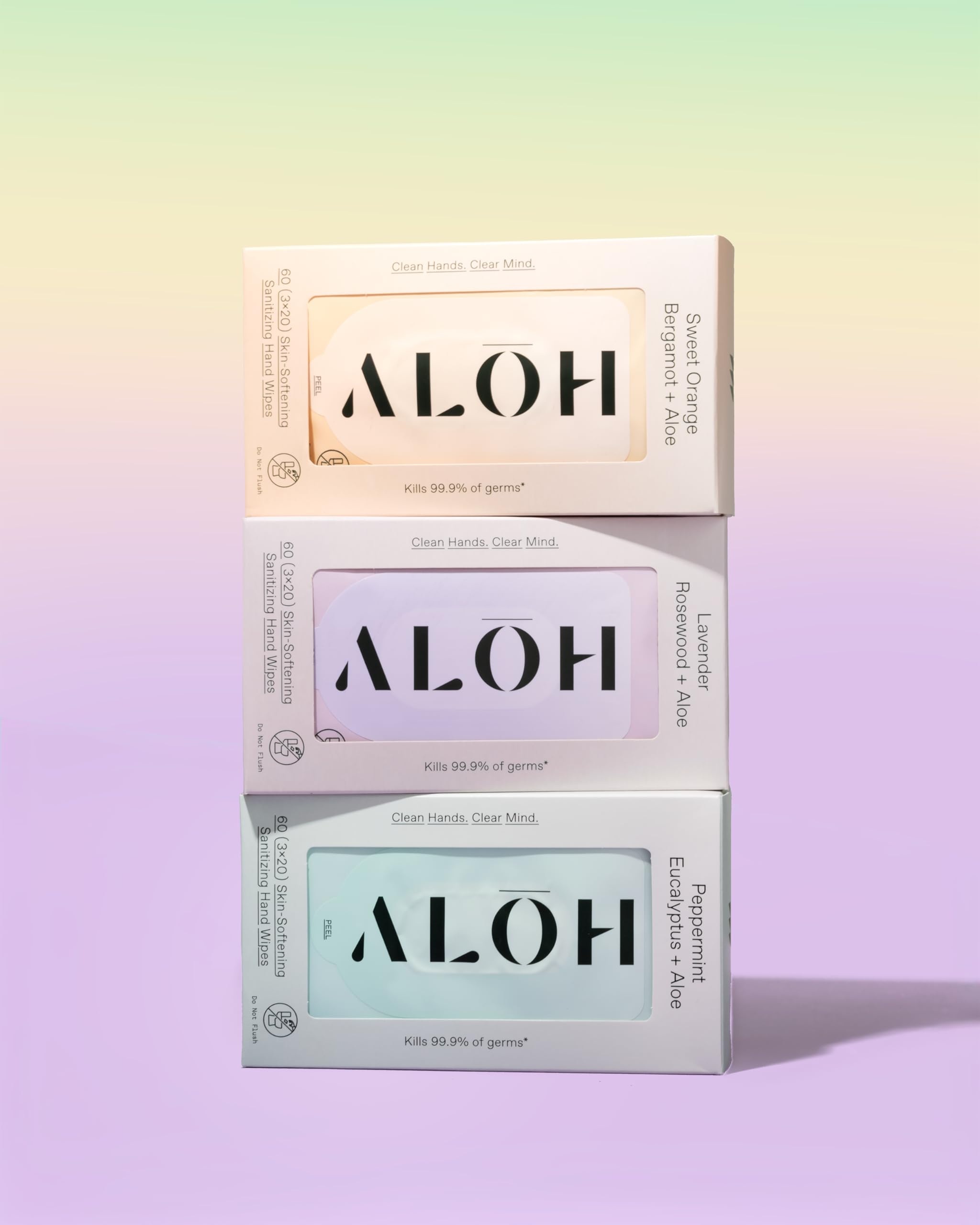 ALO packaging displays three 20-count packs for convenient on-the-go cleaning