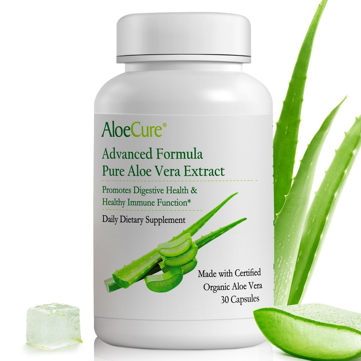 AloeCure Organic Aloe Vera Capsules bottle front for easy daily digestive support.