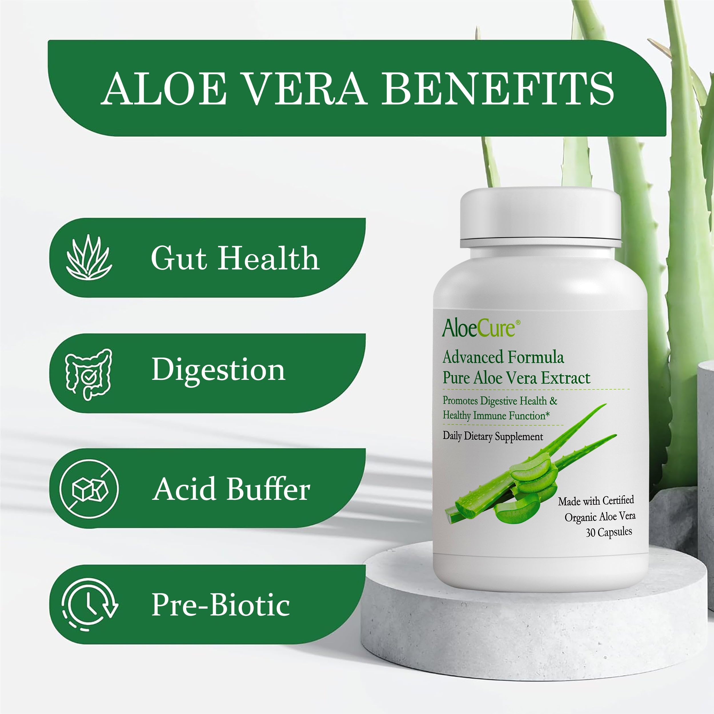 AloeCure bottle side view highlighting dosage and organic certification for trust.