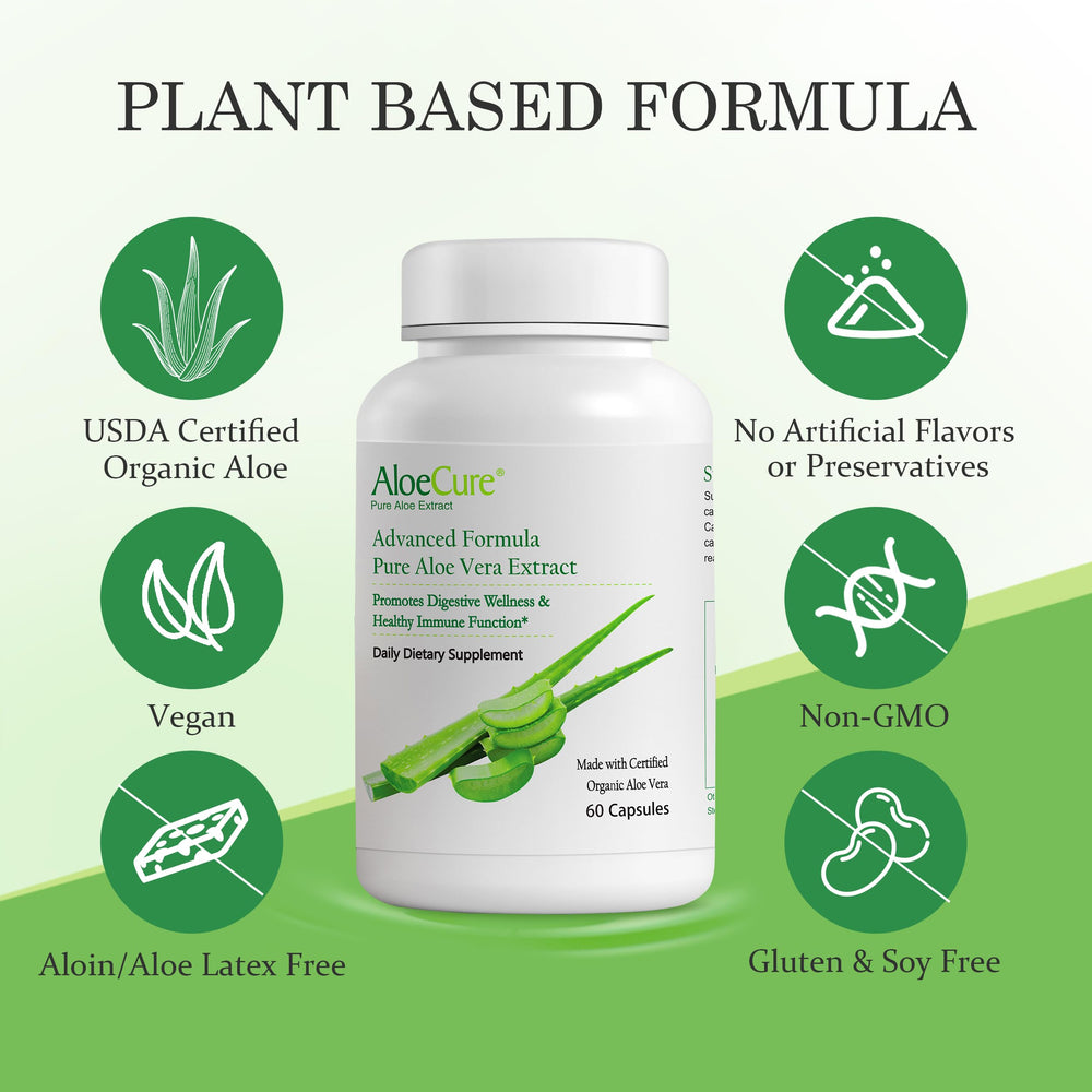 Label highlighting acemannan-rich aloe extract in AloeCure capsules