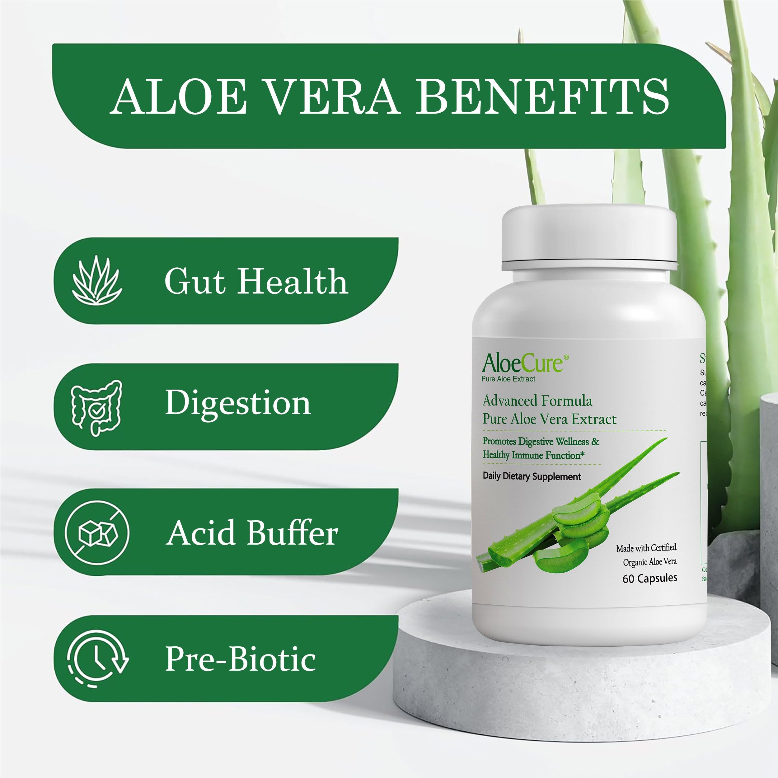 AloeCure capsules showing alo-in free label for digestive support