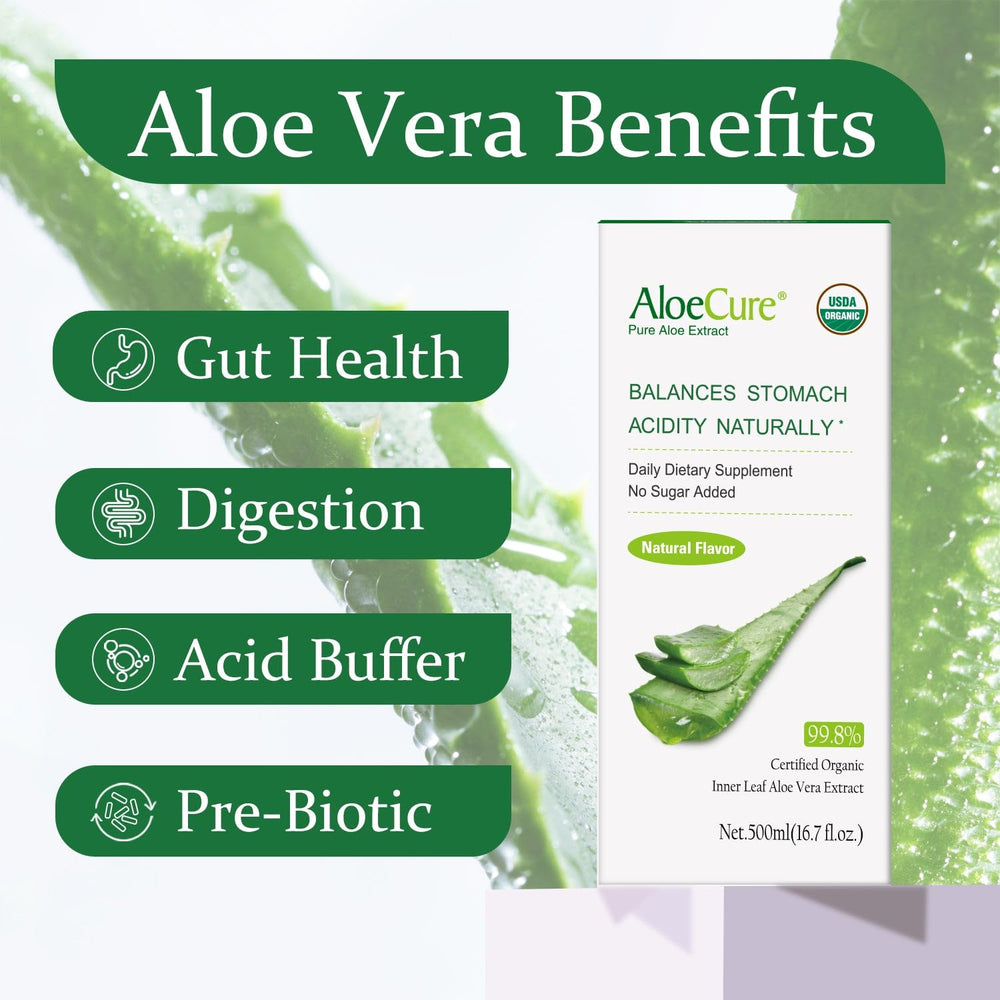 AloeCure bottle pour demonstrates easy daily use for digestive balance.