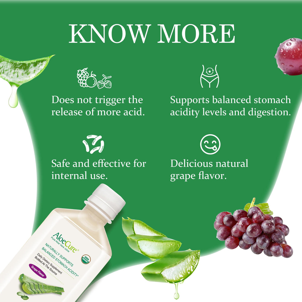 AloeCure bottle with fresh fruit hints at grape flavor and freshness.