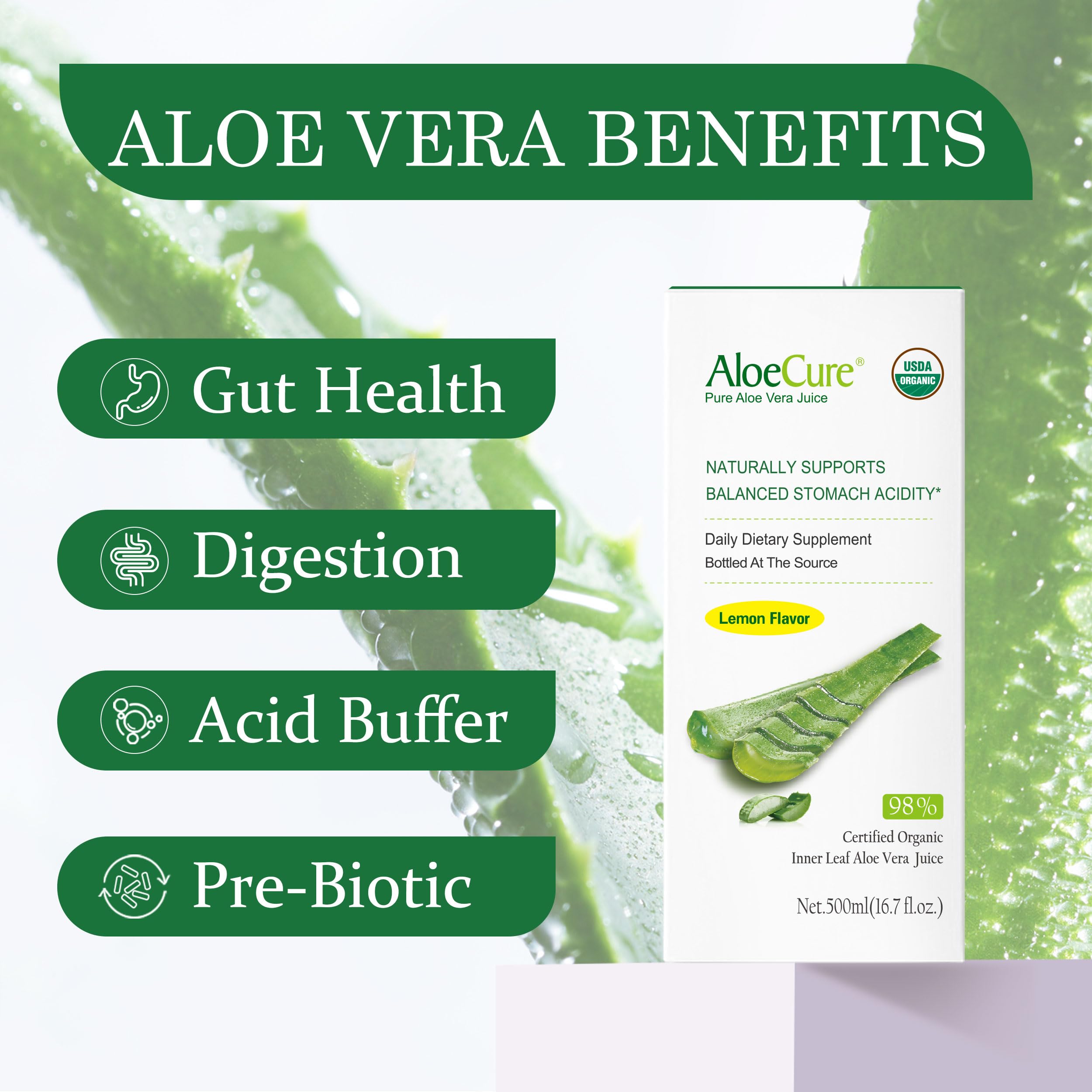 AloeCure inner gel juice pour capturing pure aloe for daily digestive comfort.