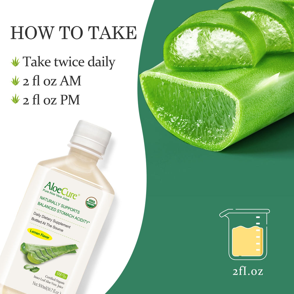 AloeCure lemon extract detail hints refreshing flavor and potential digestive support.