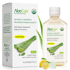 AloeCure lemon flavor bottle showcasing digestive wellness support and refreshing citrus notes.