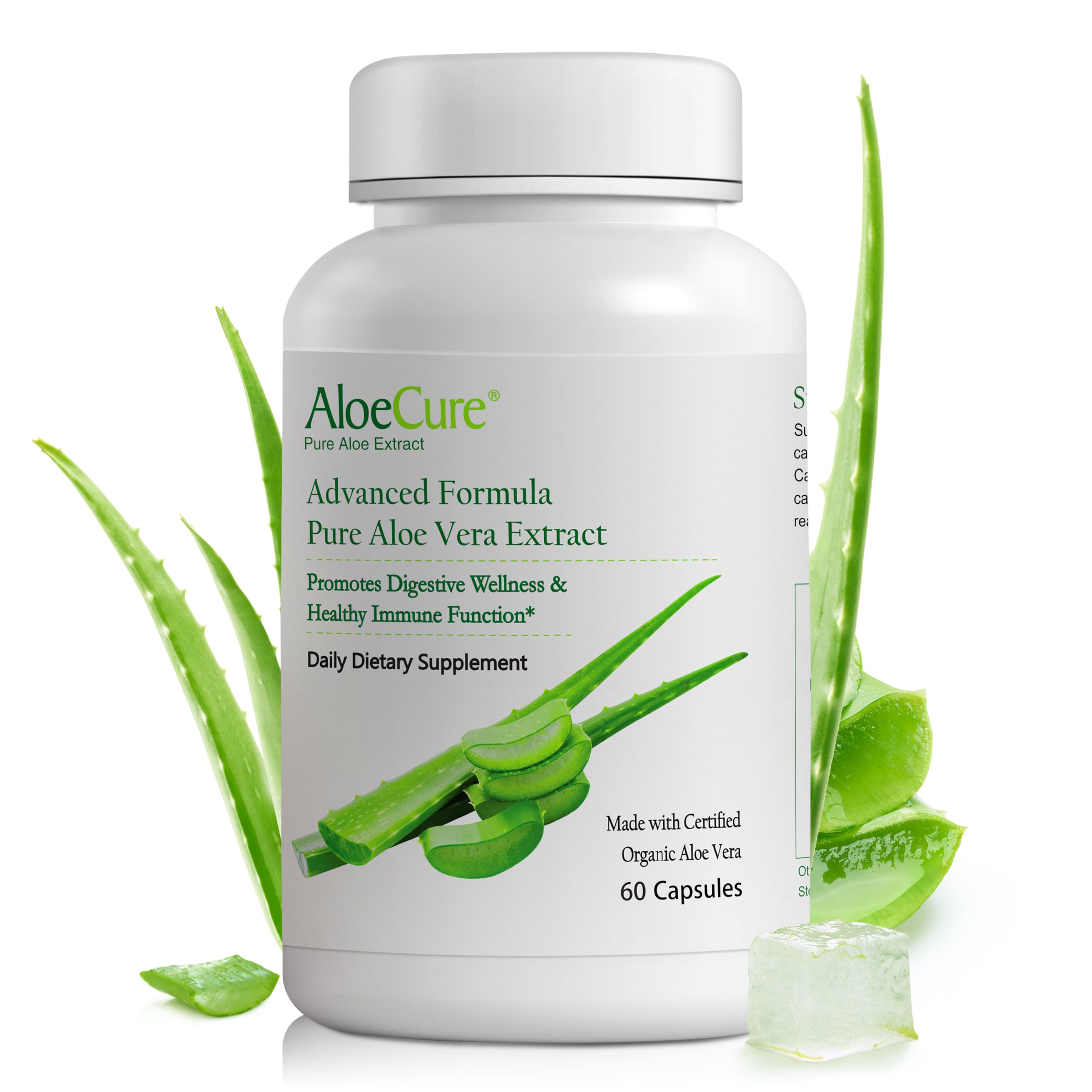 AloeCure Organic Aloe Vera Capsules bottle focused on inner leaf gel for digestion
