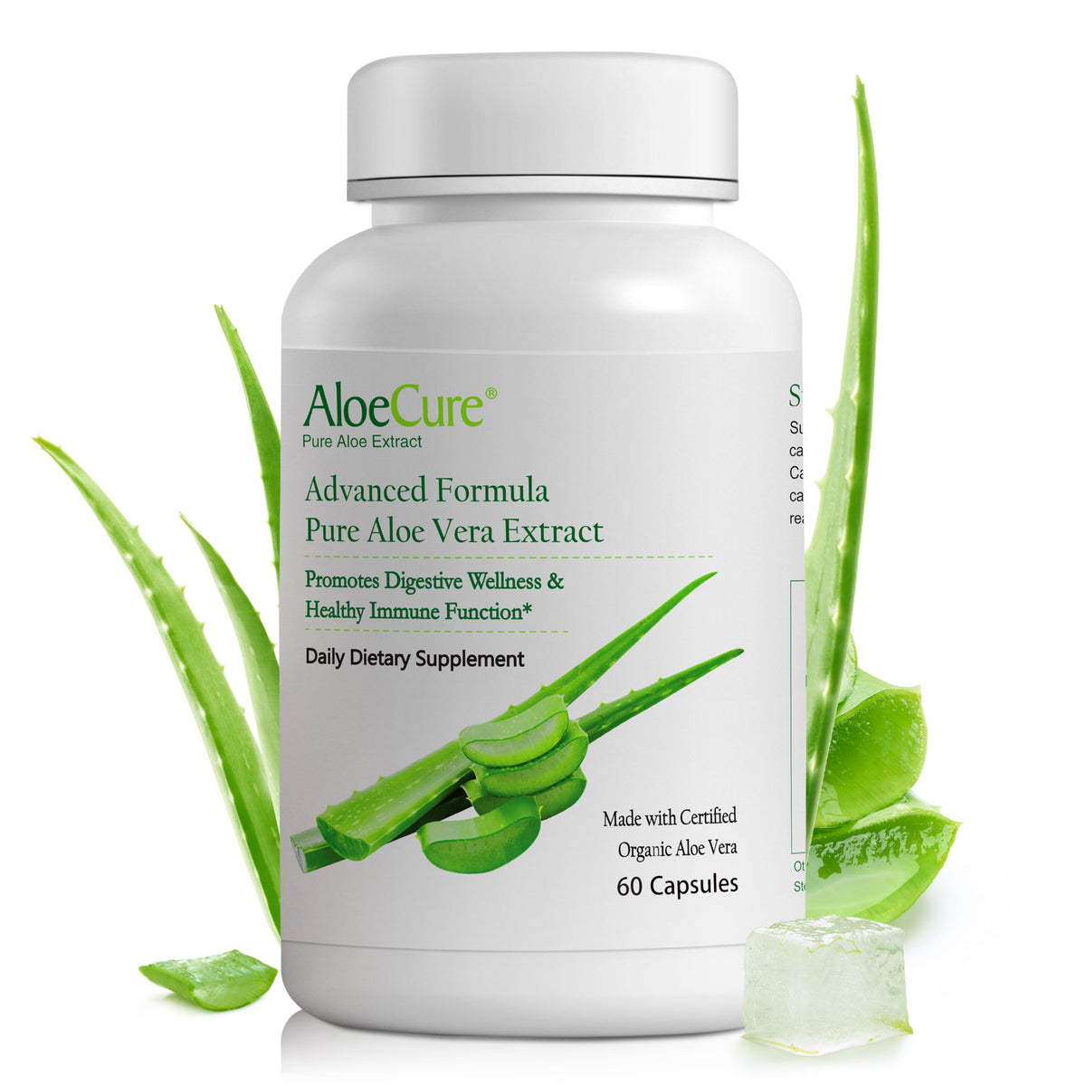 AloeCure Organic Aloe Vera Capsules bottle focused on inner leaf gel for digestion