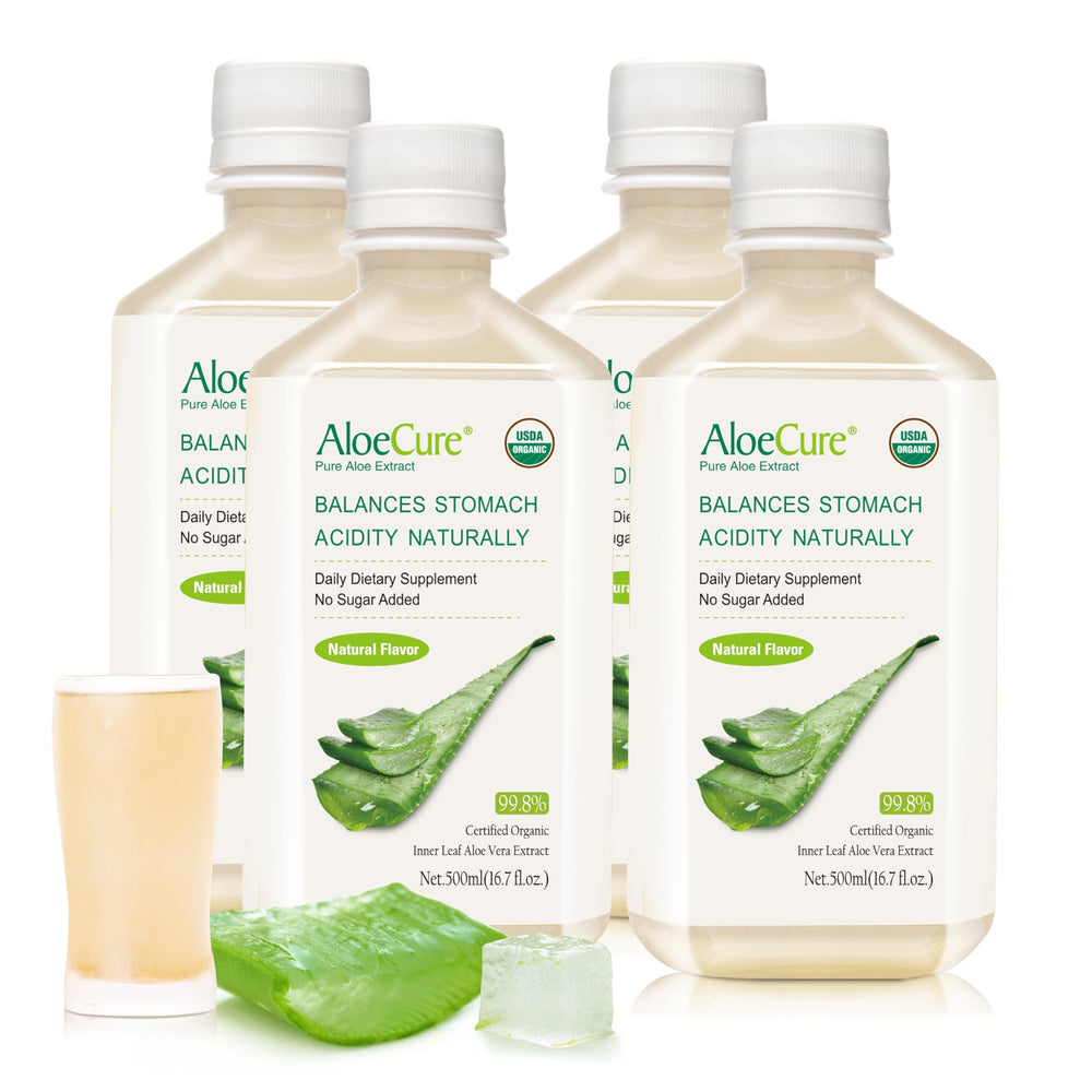 AloeCure USDA Organic Aloe Vera Juice bottle on kitchen counter for daily wellness