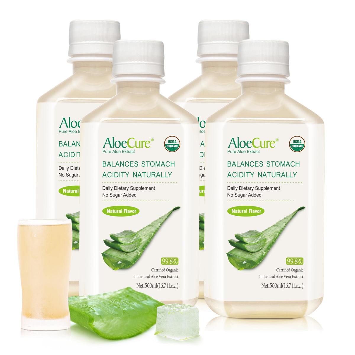 AloeCure USDA Organic Aloe Vera Juice bottle on kitchen counter for daily wellness