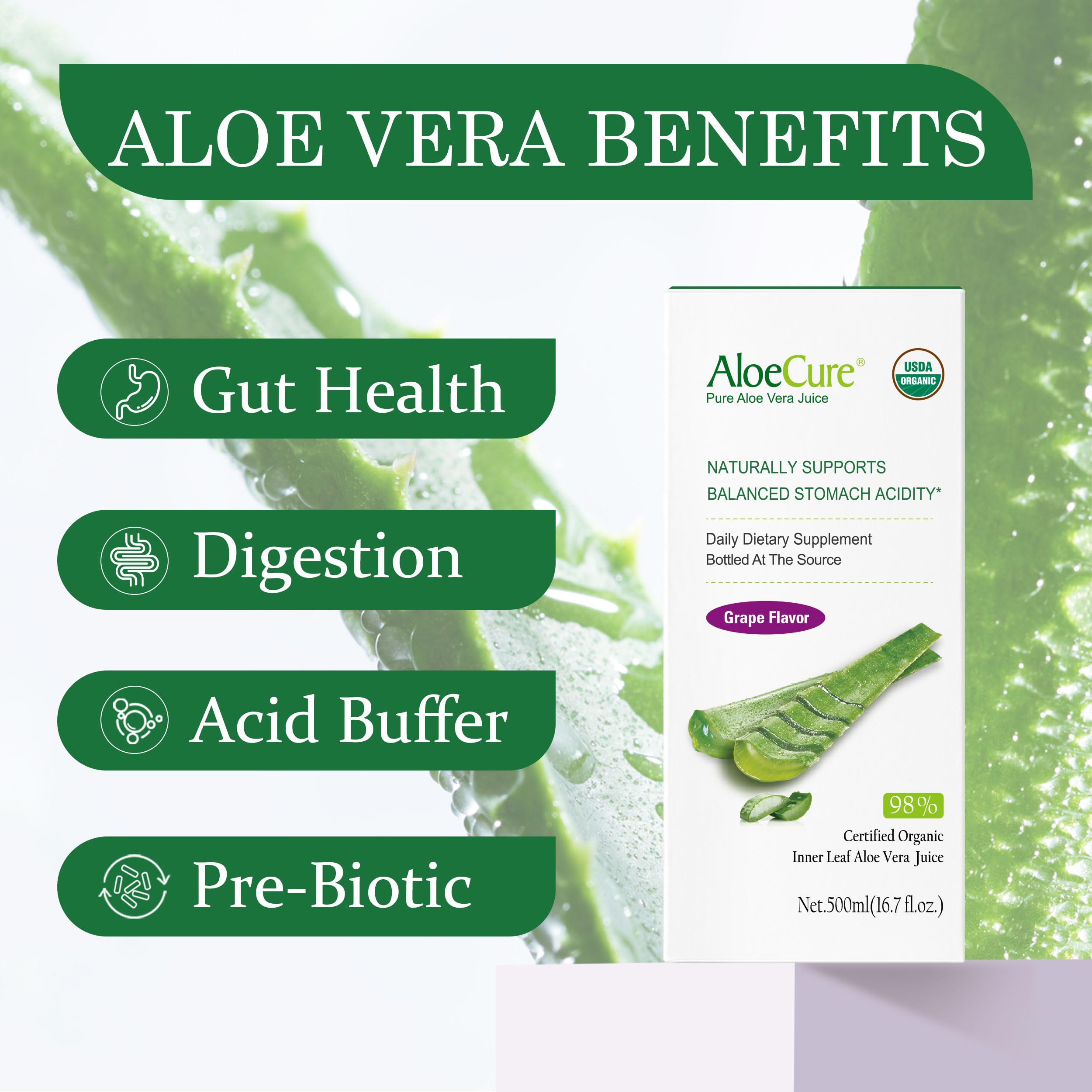 AloeCure bottle front label shows USDA Organic status and grape flavor for daily wellness.