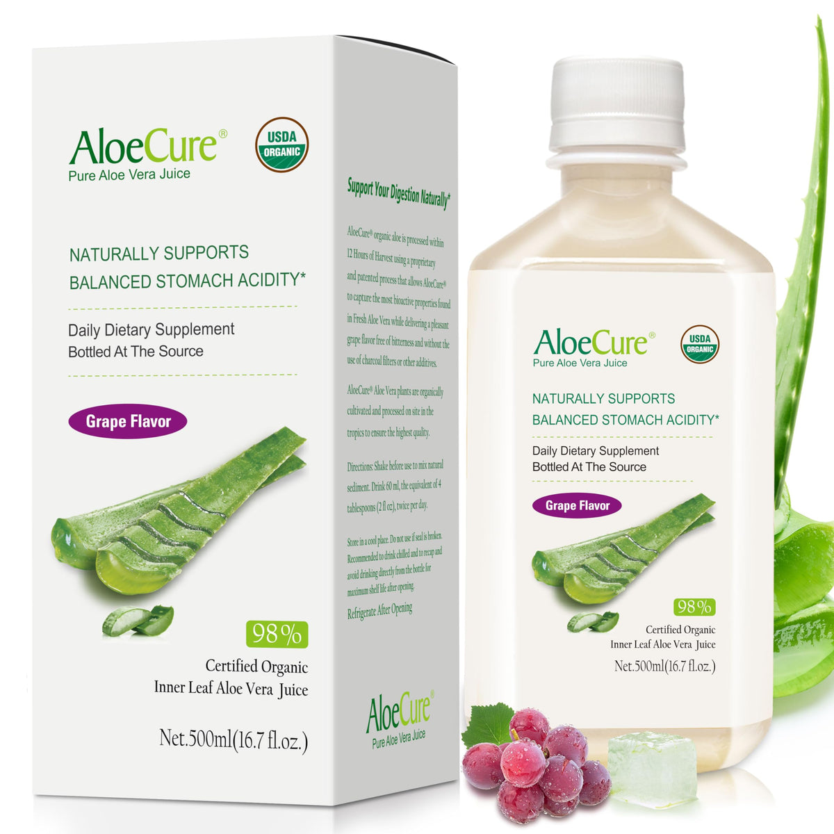 AloeCure Aloe Vera Juice bottle pours for refreshing hydration and gentle digestive comfort.