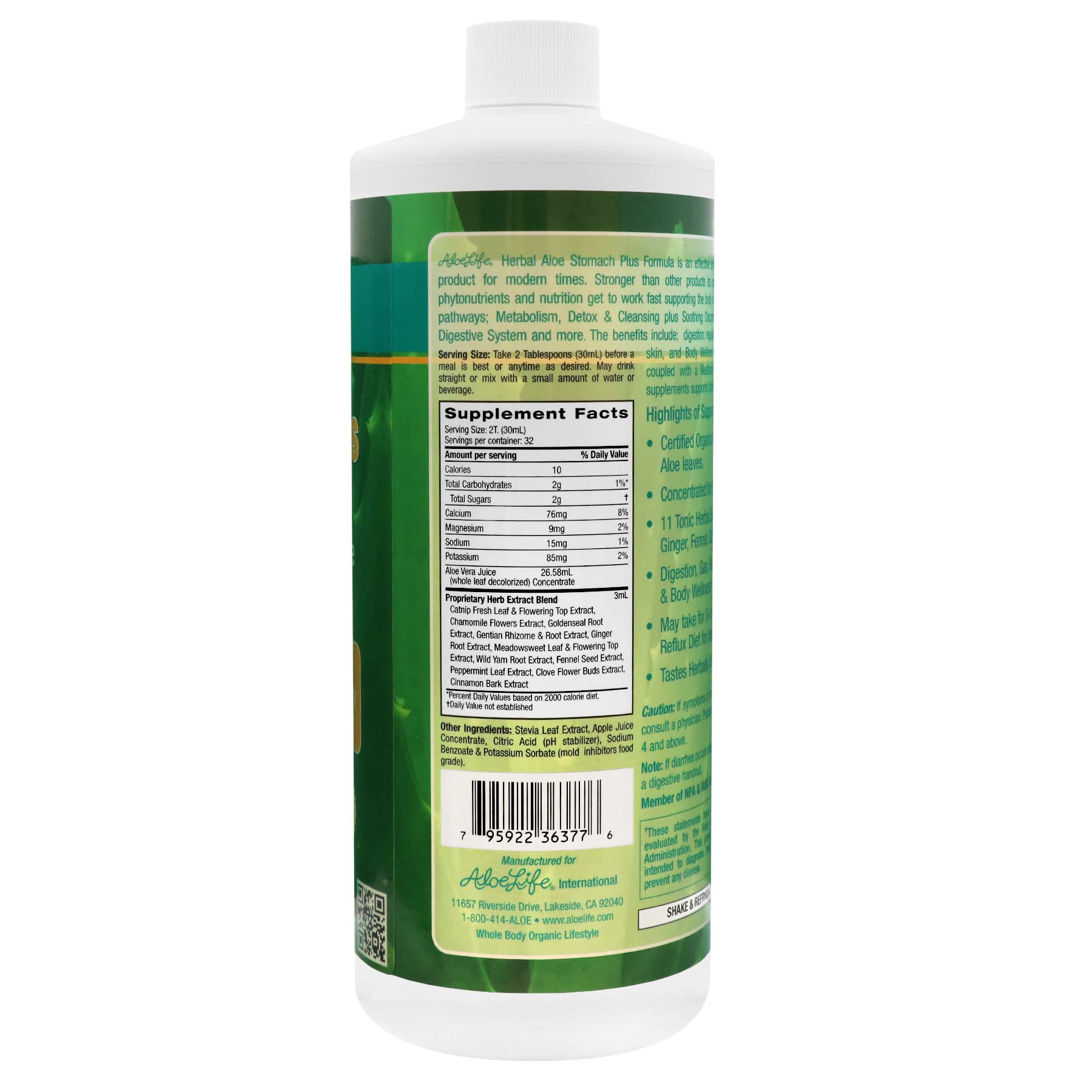 Close-up of Aloe Life Stomach Plus Formula label with digest support info