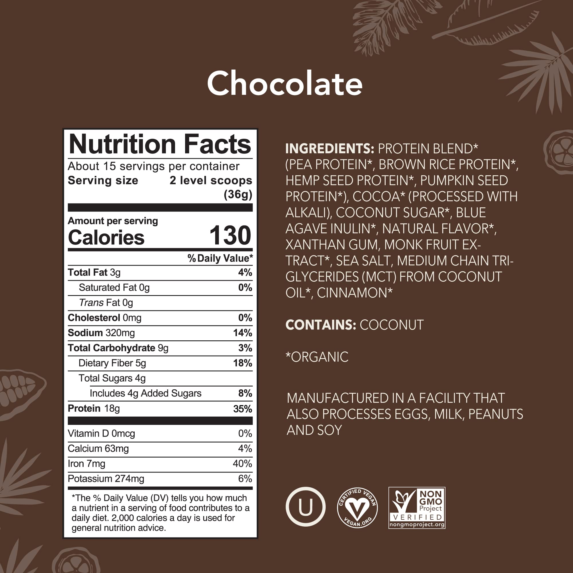 ALOHA chocolate protein powder scoop beside the tin for quick vegan shakes.