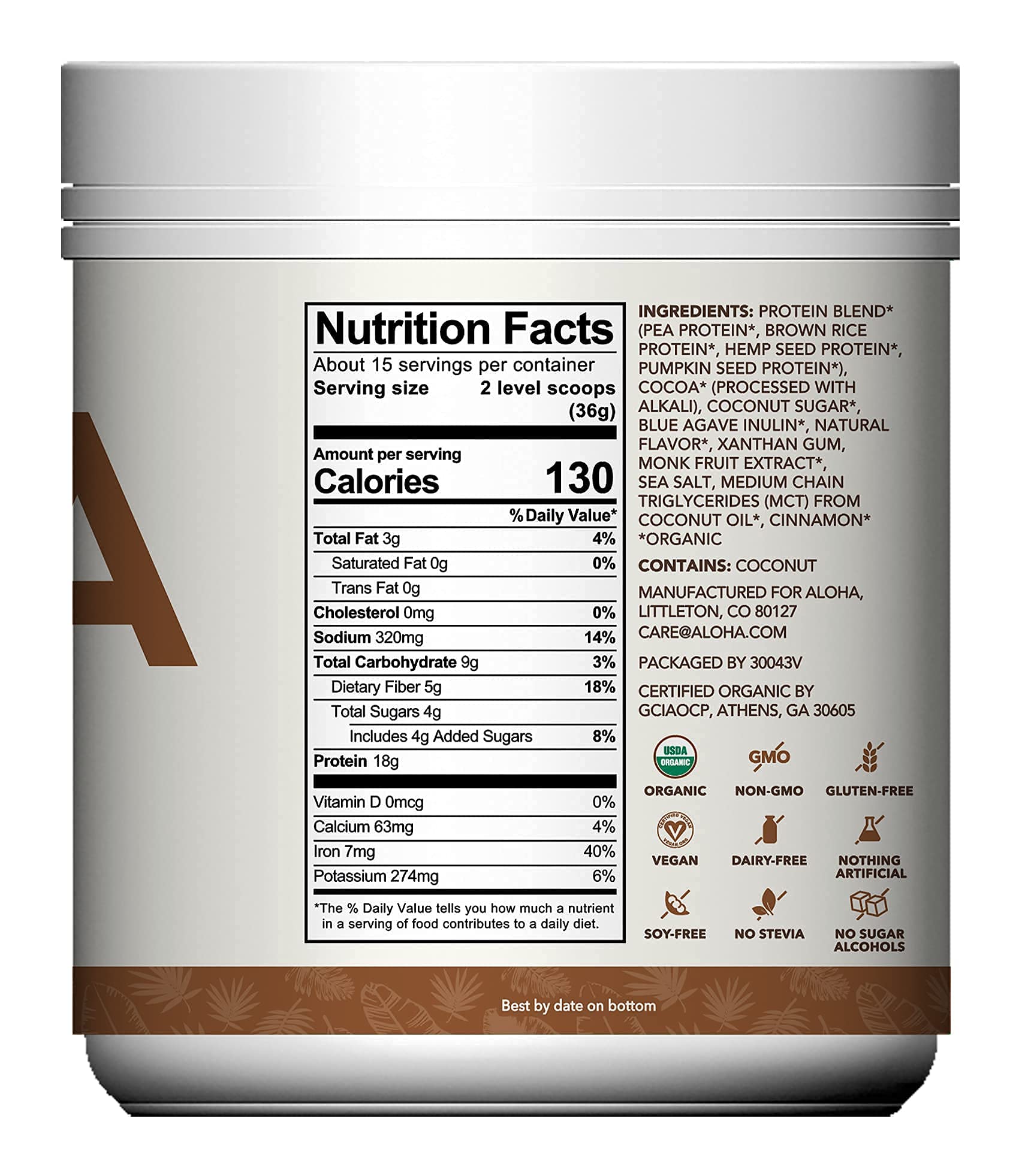ALOHA 3g sugar claim and low-sugar profile emphasized on product label.