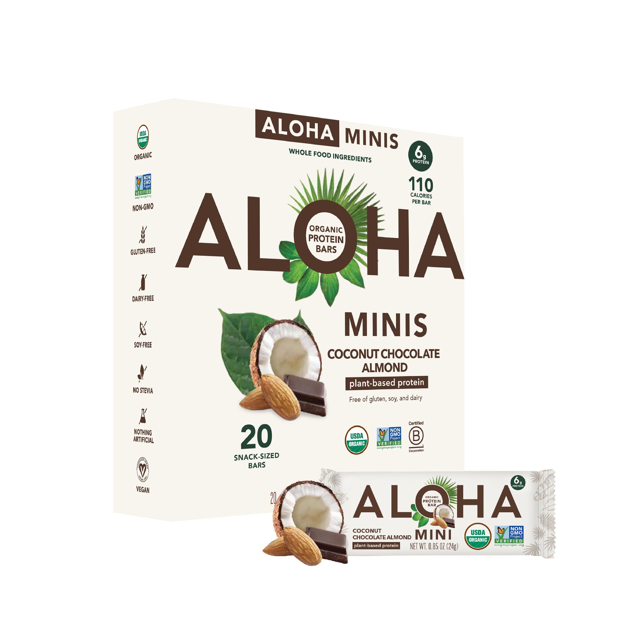 ALOHA Minis Coconut Chocolate Almond bar packaging highlights organic ingredients for on-the-go snacking.