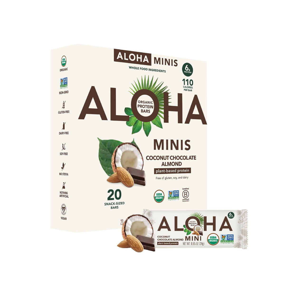 ALOHA Minis Coconut Chocolate Almond bar packaging highlights organic ingredients for on-the-go snacking.