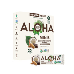 ALOHA Minis Coconut Chocolate Almond bar packaging highlights organic ingredients for on-the-go snacking.