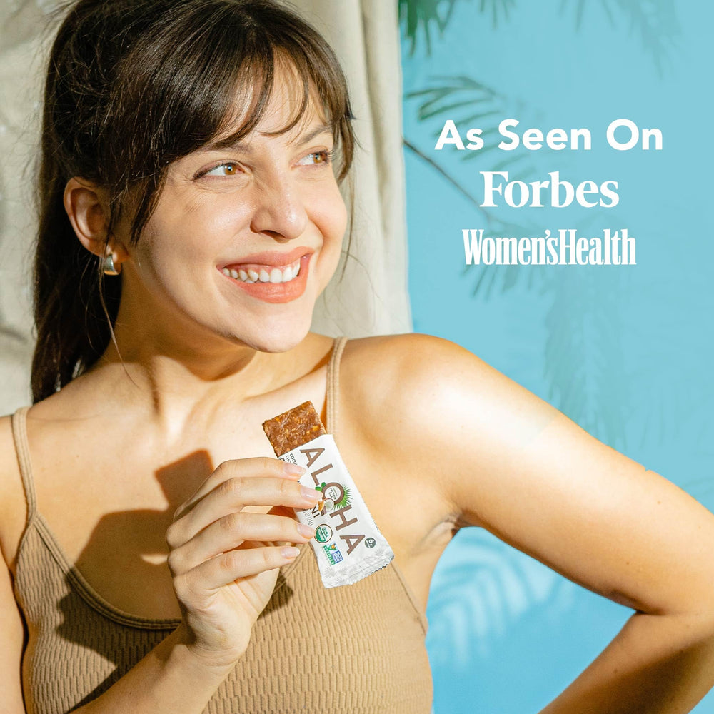 ALOHA Minis label shows vegan and gluten-free badges for plant-based snacking.