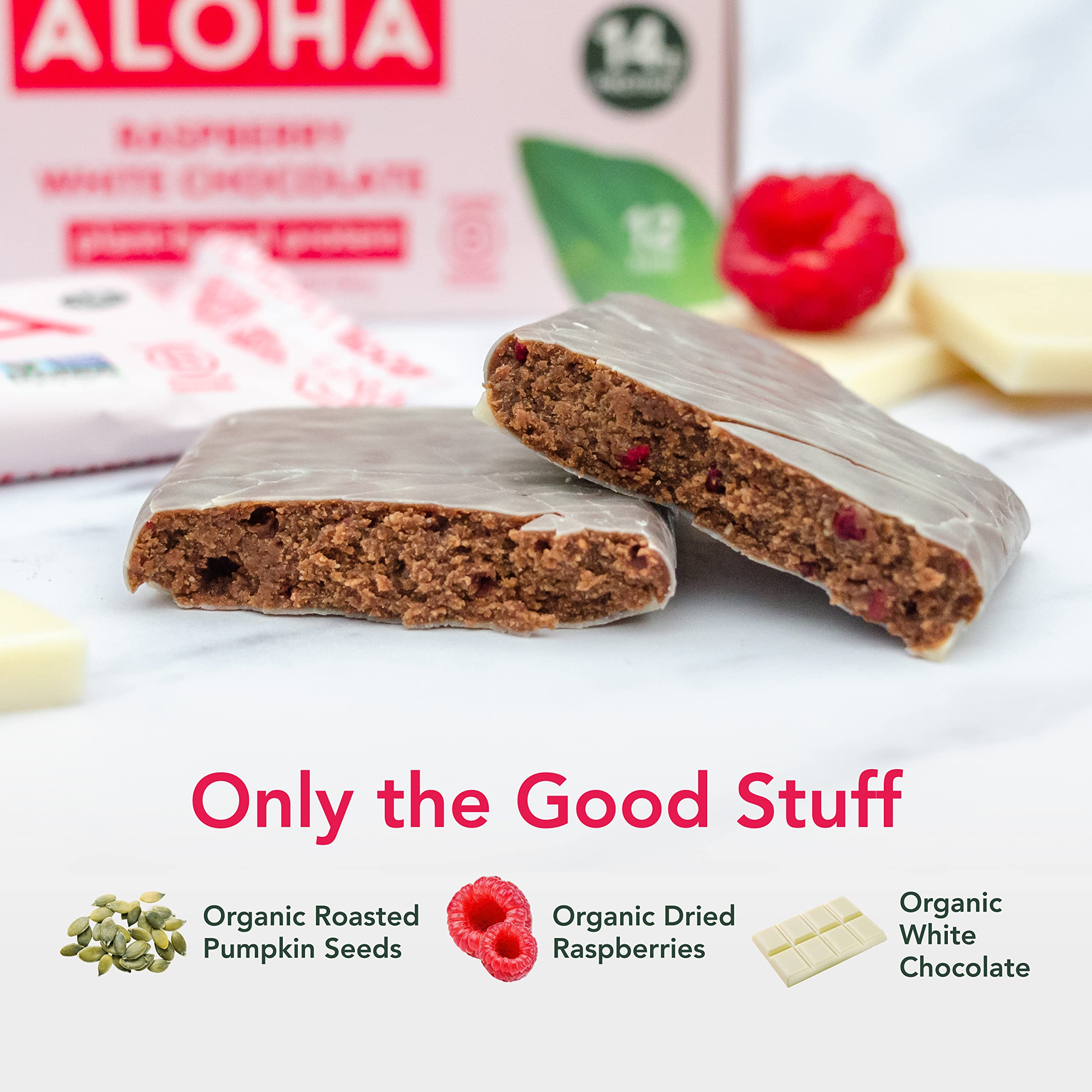 ALOHA nutrition label highlights 14g protein and low sugar content.